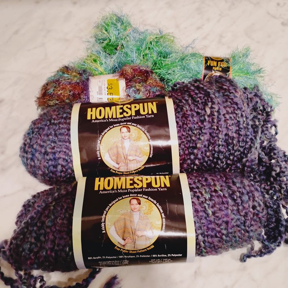 2 Skeins Lion Brand Yarns Homespun #336 Barrington Made in USA w Bonus Yarn